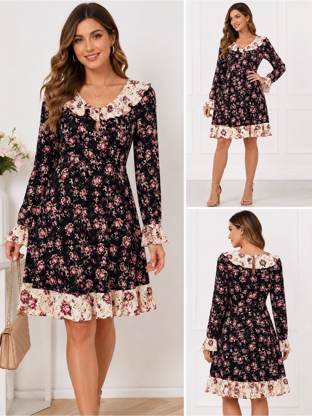 One Heart NWT XL Black Floral Contrast Ruffle Long Sleeve Fit & Flare Mini Dress